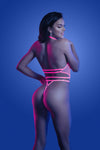 KNOCKOUT UV reactive adjustable halter teddy with hook closure g-string back