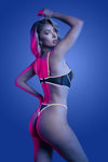 Black reflective lingerie set with underwire bra and strappy panty, featuring multicolor glow binding and sheer mesh panels.