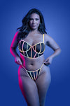 Black reflective lingerie set with underwire bra and strappy panty, featuring multicolor glow binding and sheer mesh panels.