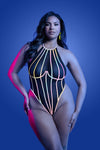 Black halter teddy with sheer mesh and rainbow reflective binding, featuring high-cut legs and thong back that glows under light.