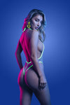 White glow-in-the-dark lace teddy with plunging neckline, halter ties, functional zipper front, high-cut legs, and thong back.