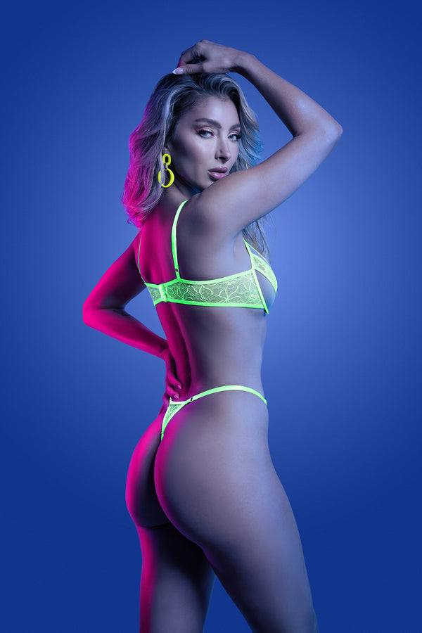 Neon lace UV-glow bra and thong set with sheer mesh back straps, sexy lingerie rear view.