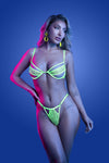 Neon UV-reactive lace mesh bra and thong set with strappy details, glow lingerie front view.