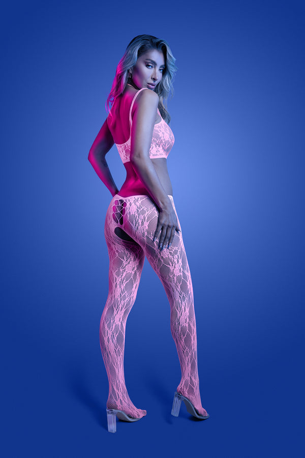 Back view pink lace crotchless bodystocking with open lace cut-outs, erotic lingerie