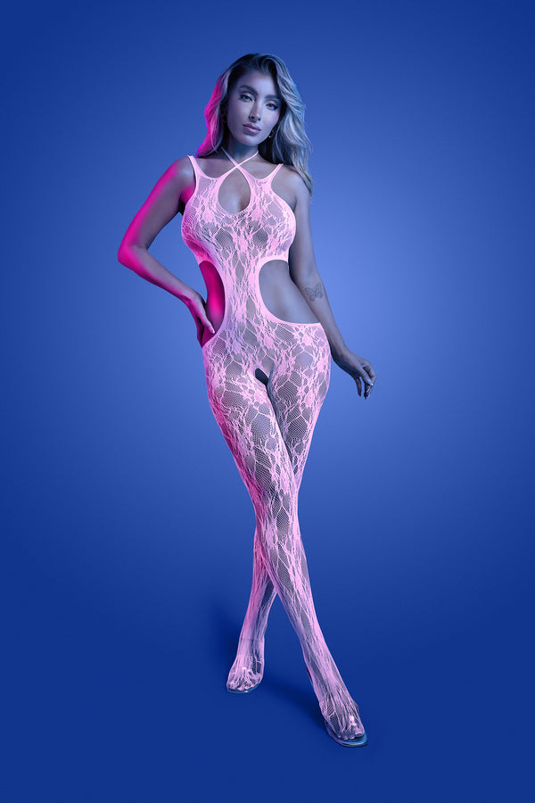 Front view pink lace crotchless bodystocking with cut-outs, UV glow lingerie