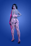 Plus Size Back view pink lace crotchless bodystocking with open lace cut-outs, erotic lingerie
