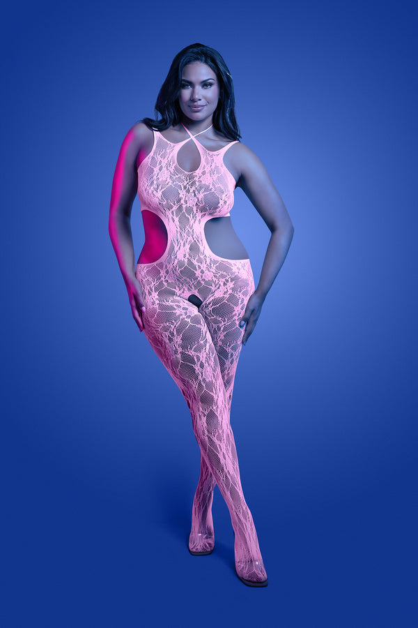 Plus Size Front view pink lace crotchless bodystocking with cut-outs, UV glow lingerie