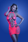 Front view: UV reactive neon halter dress with sheer mesh panels and matching pasties