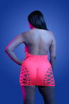 Plus Size Back view: Back view of asymmetrical neon halter mini dress glowing under UV light