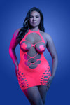 Plus Size Front view: UV reactive neon halter dress with sheer mesh panels and matching pasties