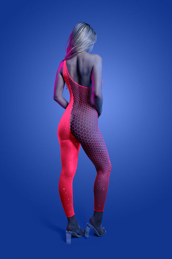 Back View: "Neon pink UV reactive rhinestone bodystocking with asymmetrical fishnet panel – back view"