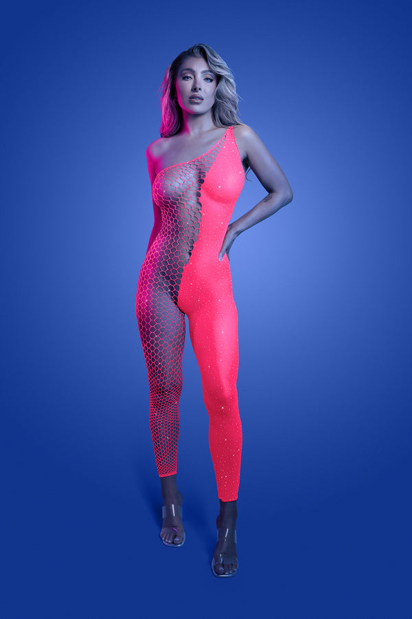 Front View: "Neon pink asymmetrical rhinestone bodystocking with UV reactive fishnet panel – front view"