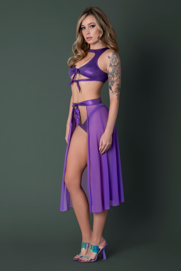 Celestial Seduction: Holographic Tie-Front Crop & Mesh Skirt Set in Violet