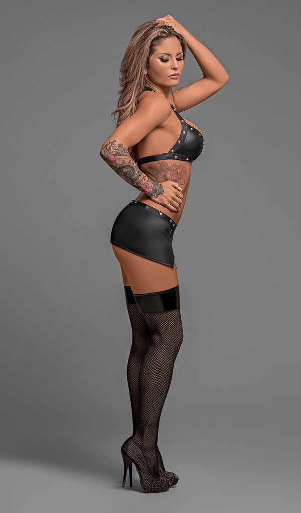 Raven Leather-Look Bra, Mini Skirt & G-String Set – Lust Collection