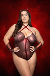 Plus Size Front View: red metallic sheer zipper teddy with devil horns and gloves lingerie costume front view