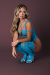 Neon Lace Affair: Strappy Gartered Bodystocking in Lime, Sunset, & Turquoise