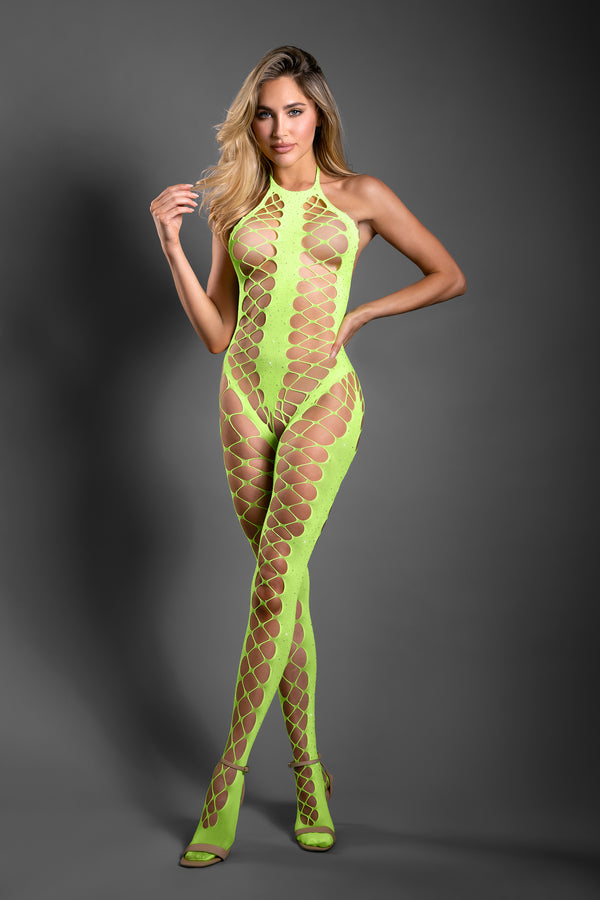 UNSTOPPABLE Crotchless rhinestone knit halter bodystocking
