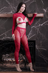 Confident woman showcasing the FOLLOW UP Red Longsleeve Open Top & Crotchless Tights with accompanying pasties.
