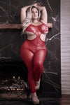Alluring UNFORGETTABLE red bodystocking with intricate cut-outs, designed to highlight and flatter every curve, embodying elegance and sensuality.
