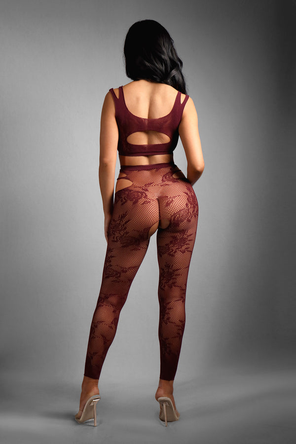 UNDIVIDED ATTENTION Cut-out lace net top & matching crotchless tights