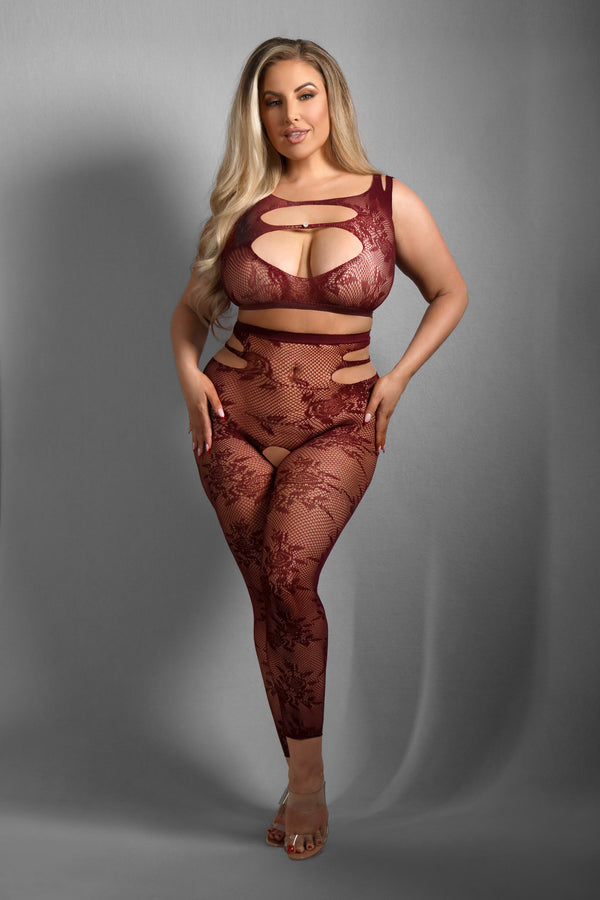 UNDIVIDED ATTENTION Cut-out lace net top & matching crotchless tights