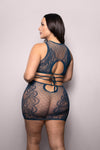 Navy floral lace two-piece set with tie-back top and mini skirt, finished with scalloped edges for romantic sophistication.