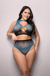 Black-to-blue ombrŽ leopard knit set with cut-out cami top and panty, designed for fierce, body-sculpting impact.