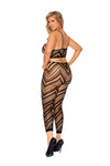 Back view of plus-size curve-hugging black crochet zig-zag cami and leggings.

