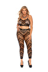 Front view of plus-size model in black sheer crochet zig-zag lingerie set.

