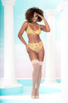 A yellow mesh two-piece lingerie set for a bold and playful look. Halter top with adjustable straps and high-waisted panty with removable garter straps.