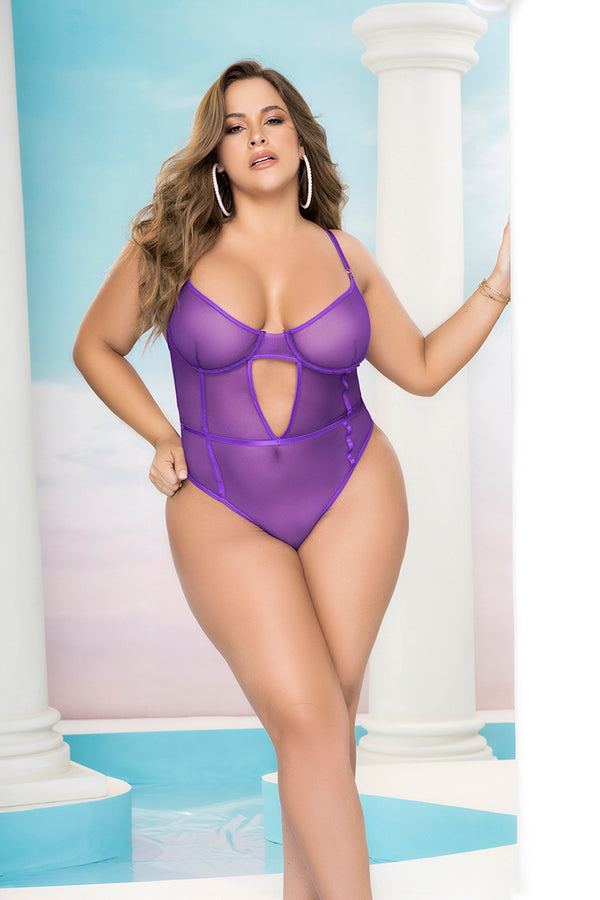 Orchid Sheer Teddy with underwire support, adjustable straps, and crotch closure. Inclusive sizing for confident and comfortable lingerie.