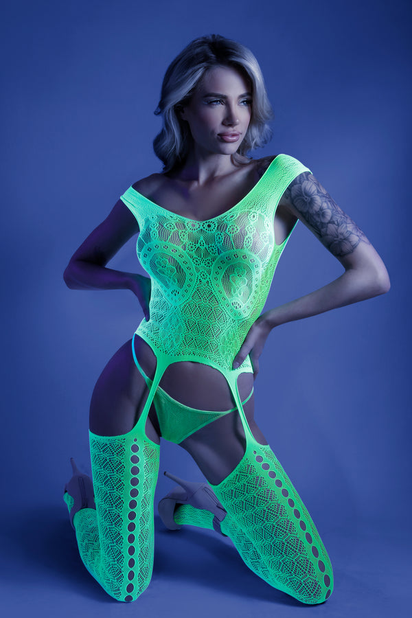 Luminous Temptation: Supersonic Mosaic Neon Green Gartered Body Stocking